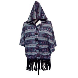 Women’s Aztec Tribal Print Hooded Poncho Fringe Cardigan Cape Small Bohemian